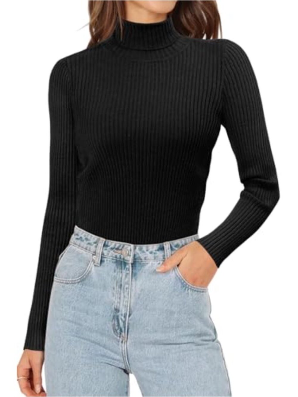 Women's Long Sleeve Turtleneck Ribbed Knit Slim Fit T-Shirt, Elegant Casual Tee